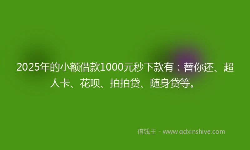 2025年的小额借款1000元秒下款有：替你还、超人卡、花呗、拍拍贷、随身贷等。