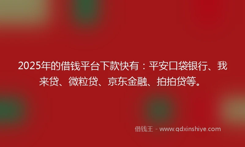 2025年的借钱平台下款快有：平安口袋银行、我来贷、微粒贷、京东金融、拍拍贷等。