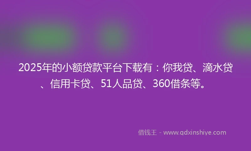 2025年的小额贷款平台下载有：你我贷、滴水贷、信用卡贷、51人品贷、360借条等。
