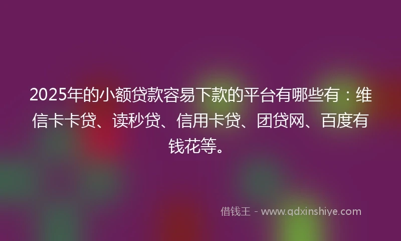 2025年的小额贷款容易下款的平台有哪些有：维信卡卡贷、读秒贷、信用卡贷、团贷网、百度有钱花等。