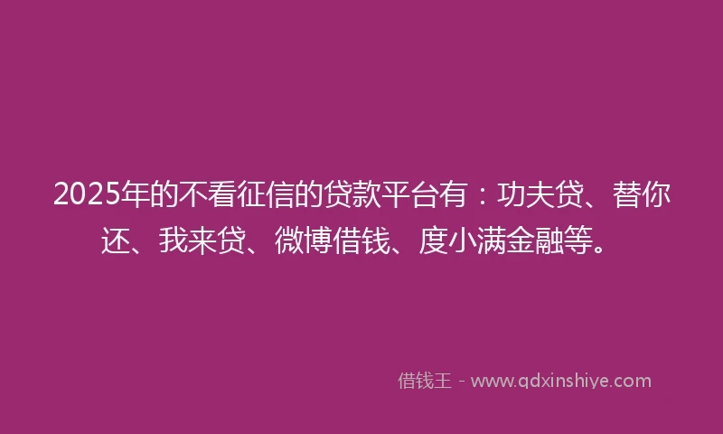 2025年的不看征信的贷款平台有：功夫贷、替你还、我来贷、微博借钱、度小满金融等。