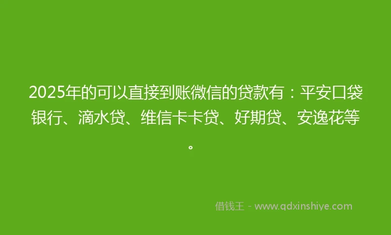 2025年的可以直接到账微信的贷款有：平安口袋银行、滴水贷、维信卡卡贷、好期贷、安逸花等。