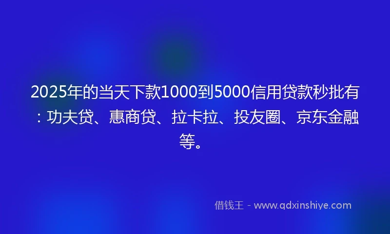 2025年的当天下款1000到5000信用贷款秒批有：功夫贷、惠商贷、拉卡拉、投友圈、京东金融等。
