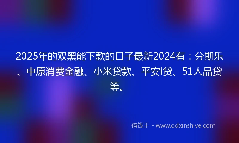 2025年的双黑能下款的口子最新2024有：分期乐、中原消费金融、小米贷款、平安i贷、51人品贷等。
