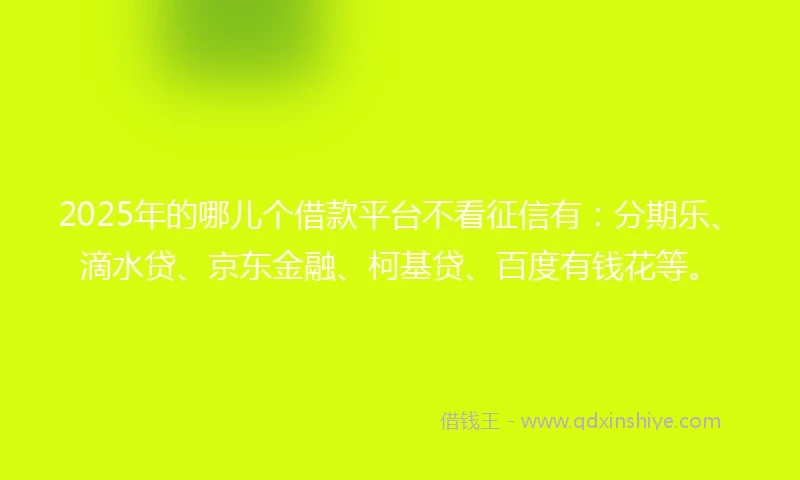 2025年的哪儿个借款平台不看征信有：分期乐、滴水贷、京东金融、柯基贷、百度有钱花等。