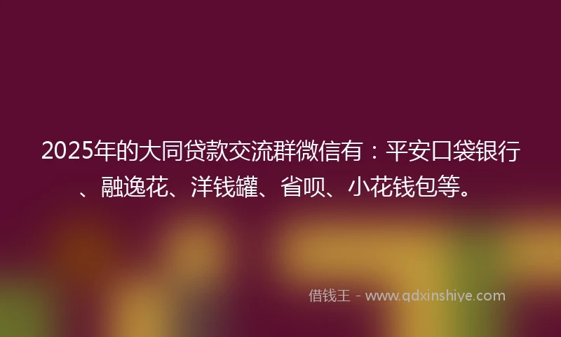 2025年的大同贷款交流群微信有：平安口袋银行、融逸花、洋钱罐、省呗、小花钱包等。