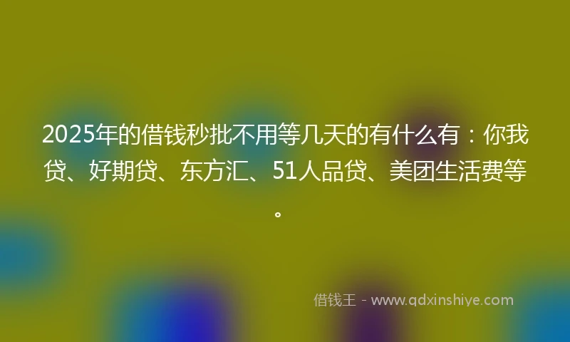2025年的借钱秒批不用等几天的有什么有：你我贷、好期贷、东方汇、51人品贷、美团生活费等。