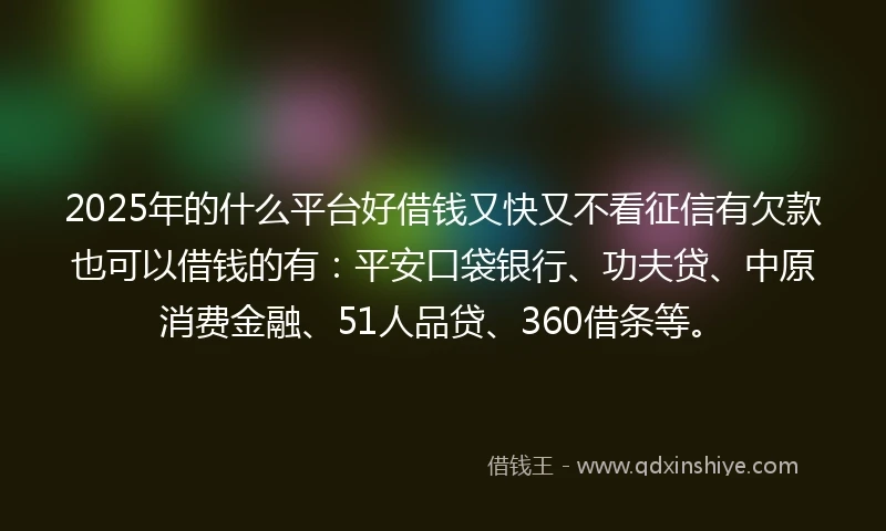 2025年的什么平台好借钱又快又不看征信有欠款也可以借钱的有：平安口袋银行、功夫贷、中原消费金融、51人品贷、360借条等。