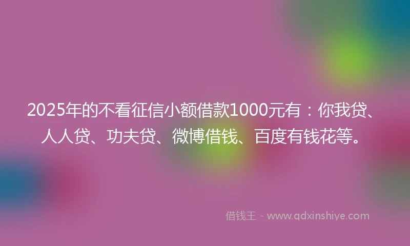 2025年的不看征信小额借款1000元有：你我贷、人人贷、功夫贷、微博借钱、百度有钱花等。