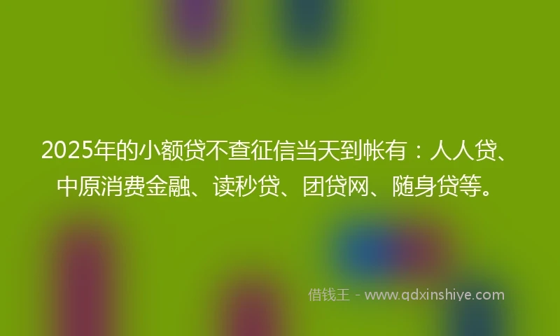 2025年的小额贷不查征信当天到帐有：人人贷、中原消费金融、读秒贷、团贷网、随身贷等。