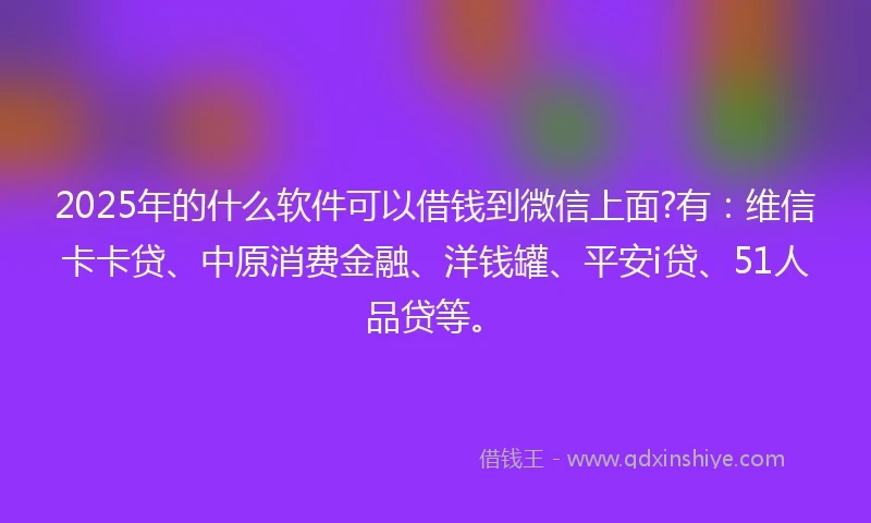 2025年的什么软件可以借钱到微信上面?有：维信卡卡贷、中原消费金融、洋钱罐、平安i贷、51人品贷等。
