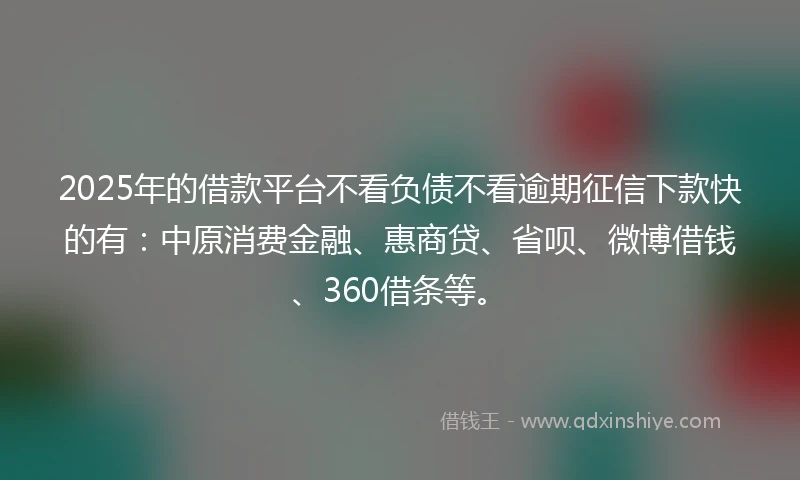 2025年的借款平台不看负债不看逾期征信下款快的有：中原消费金融、惠商贷、省呗、微博借钱、360借条等。
