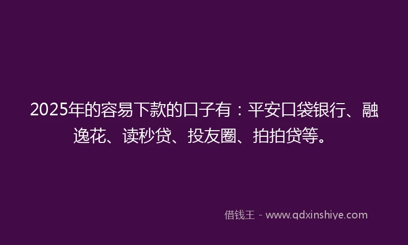 2025年的容易下款的口子有：平安口袋银行、融逸花、读秒贷、投友圈、拍拍贷等。