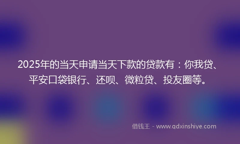 2025年的当天申请当天下款的贷款有：你我贷、平安口袋银行、还呗、微粒贷、投友圈等。