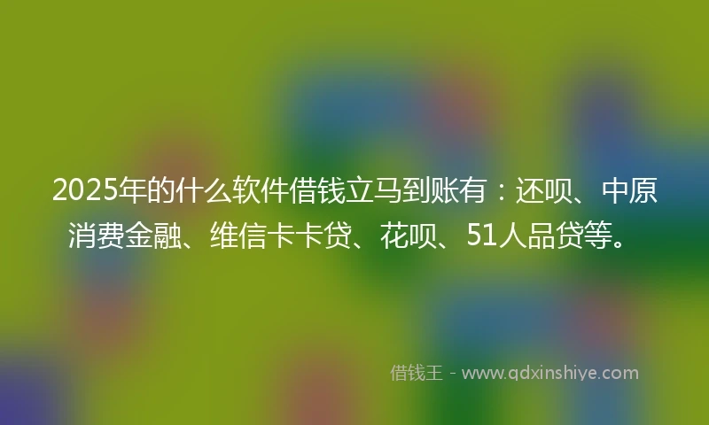 2025年的什么软件借钱立马到账有：还呗、中原消费金融、维信卡卡贷、花呗、51人品贷等。