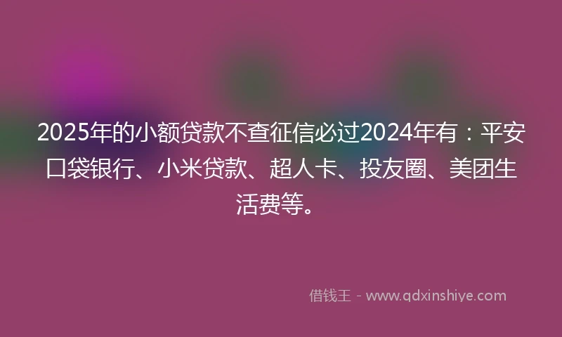 2025年的小额贷款不查征信必过2024年有：平安口袋银行、小米贷款、超人卡、投友圈、美团生活费等。