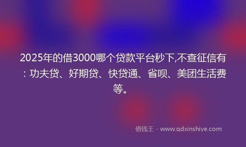 2025年的借3000哪个贷款平台秒下,不查征信有：功夫贷、好期贷、快贷通、省呗、美团生活费等。