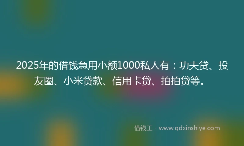 2025年的借钱急用小额1000私人有：功夫贷、投友圈、小米贷款、信用卡贷、拍拍贷等。