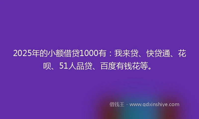 2025年的小额借贷1000有：我来贷、快贷通、花呗、51人品贷、百度有钱花等。