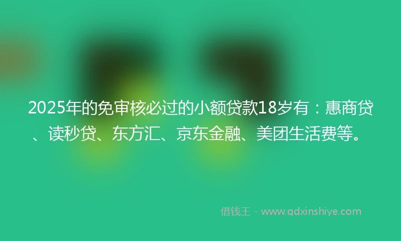 2025年的免审核必过的小额贷款18岁有：惠商贷、读秒贷、东方汇、京东金融、美团生活费等。