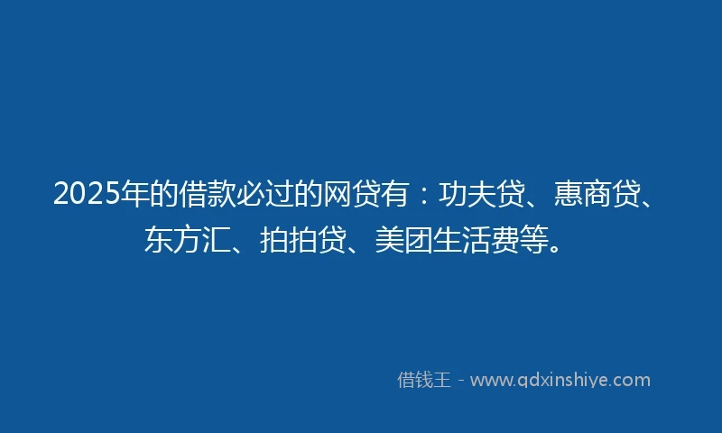 2025年的借款必过的网贷有：功夫贷、惠商贷、东方汇、拍拍贷、美团生活费等。