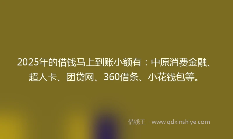 2025年的借钱马上到账小额有：中原消费金融、超人卡、团贷网、360借条、小花钱包等。