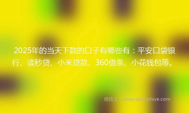 2025年的当天下款的口子有哪些有：平安口袋银行、读秒贷、小米贷款、360借条、小花钱包等。