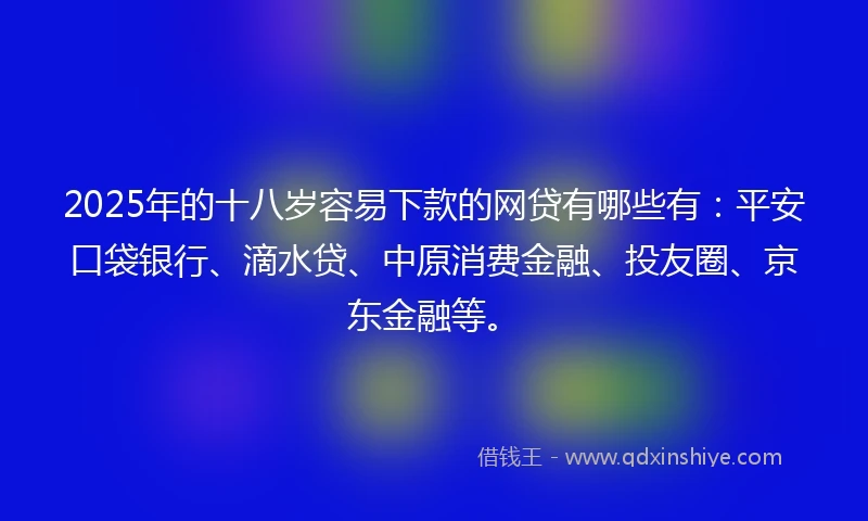 2025年的十八岁容易下款的网贷有哪些有：平安口袋银行、滴水贷、中原消费金融、投友圈、京东金融等。
