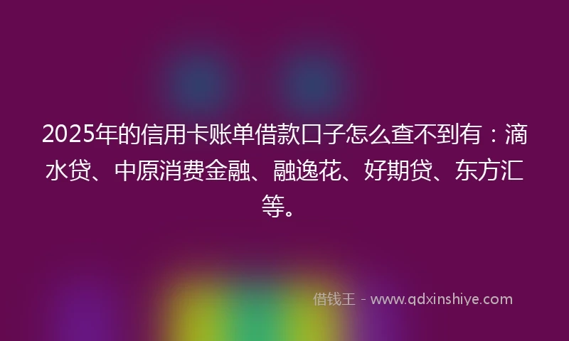 2025年的信用卡账单借款口子怎么查不到有：滴水贷、中原消费金融、融逸花、好期贷、东方汇等。