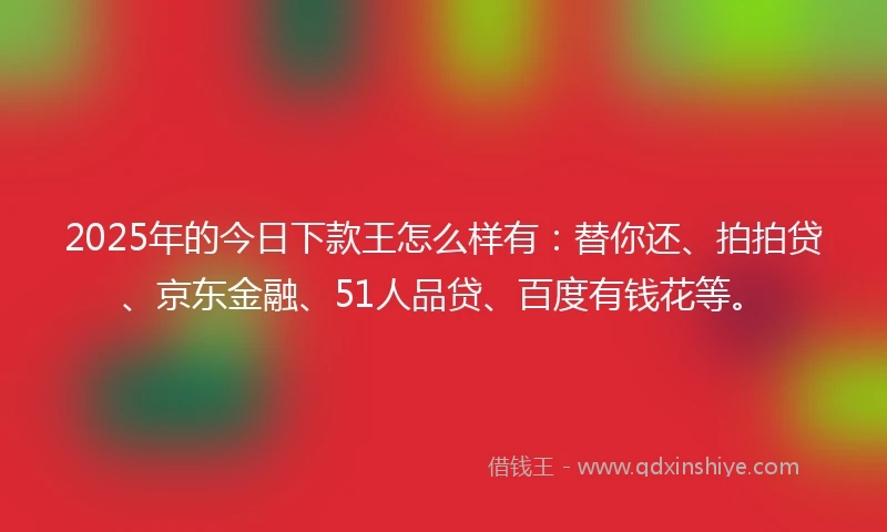 2025年的今日下款王怎么样有：替你还、拍拍贷、京东金融、51人品贷、百度有钱花等。