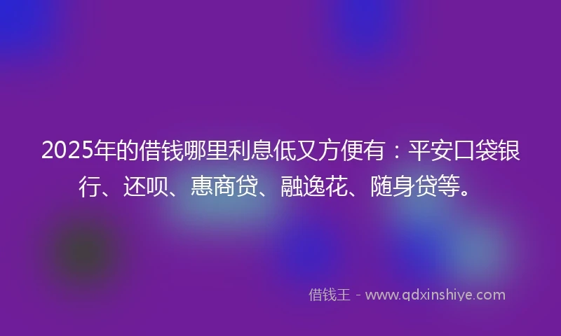 2025年的借钱哪里利息低又方便有：平安口袋银行、还呗、惠商贷、融逸花、随身贷等。