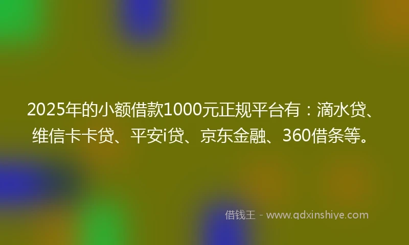 2025年的小额借款1000元正规平台有：滴水贷、维信卡卡贷、平安i贷、京东金融、360借条等。