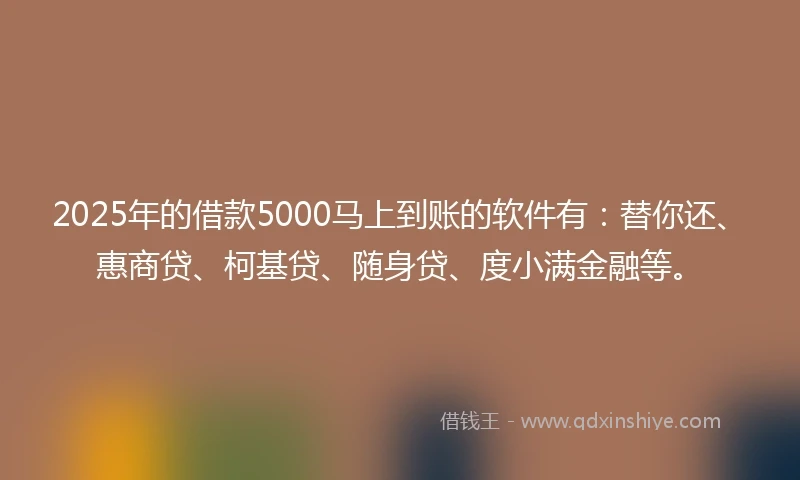 2025年的借款5000马上到账的软件有：替你还、惠商贷、柯基贷、随身贷、度小满金融等。