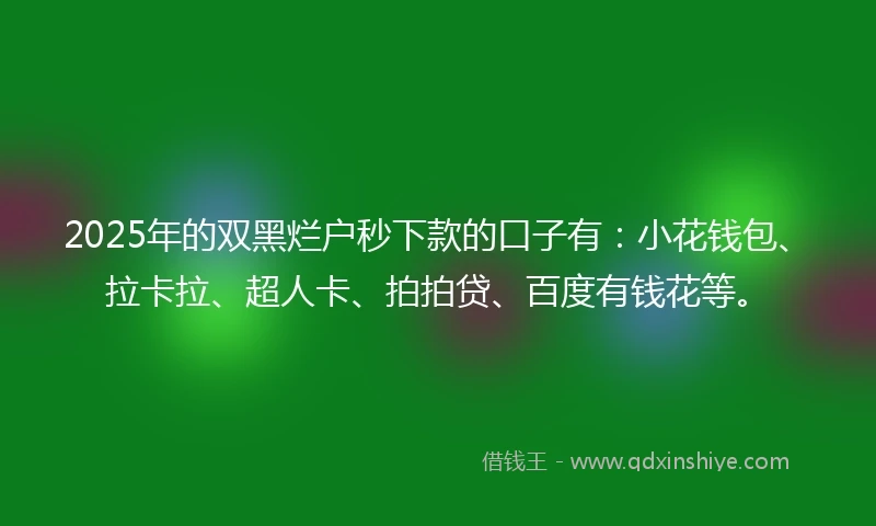2025年的双黑烂户秒下款的口子有：小花钱包、拉卡拉、超人卡、拍拍贷、百度有钱花等。