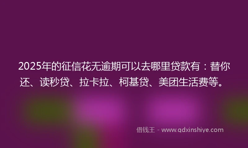 2025年的征信花无逾期可以去哪里贷款有：替你还、读秒贷、拉卡拉、柯基贷、美团生活费等。