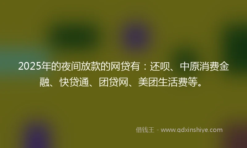2025年的夜间放款的网贷有：还呗、中原消费金融、快贷通、团贷网、美团生活费等。
