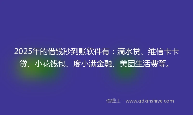 2025年的借钱秒到账软件有：滴水贷、维信卡卡贷、小花钱包、度小满金融、美团生活费等。