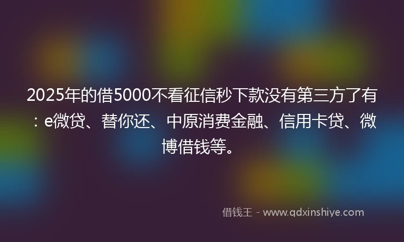 2025年的借5000不看征信秒下款没有第三方了有：e微贷、替你还、中原消费金融、信用卡贷、微博借钱等。