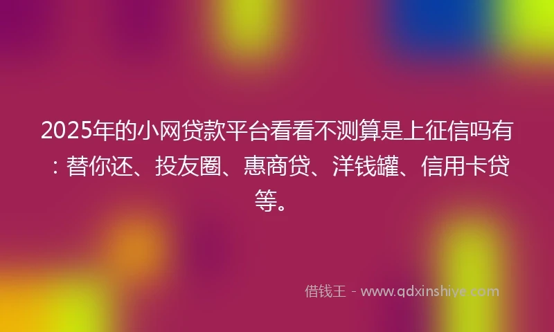 2025年的小网贷款平台看看不测算是上征信吗有：替你还、投友圈、惠商贷、洋钱罐、信用卡贷等。