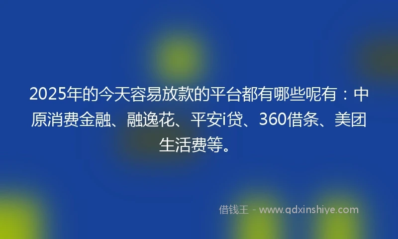2025年的今天容易放款的平台都有哪些呢有：中原消费金融、融逸花、平安i贷、360借条、美团生活费等。