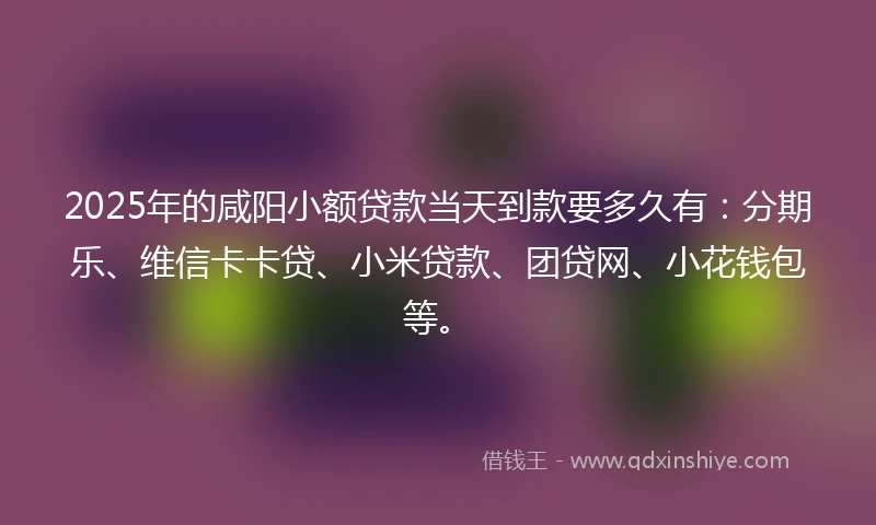 2025年的咸阳小额贷款当天到款要多久有：分期乐、维信卡卡贷、小米贷款、团贷网、小花钱包等。