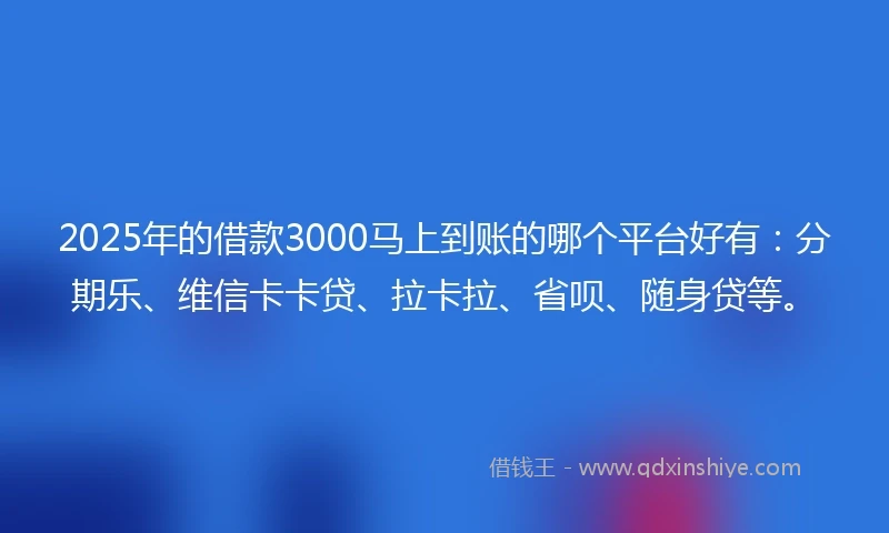 2025年的借款3000马上到账的哪个平台好有：分期乐、维信卡卡贷、拉卡拉、省呗、随身贷等。