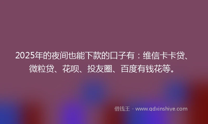2025年的夜间也能下款的口子有：维信卡卡贷、微粒贷、花呗、投友圈、百度有钱花等。