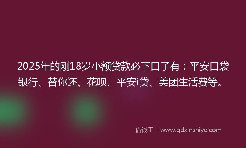 2025年的刚18岁小额贷款必下口子有：平安口袋银行、替你还、花呗、平安i贷、美团生活费等。