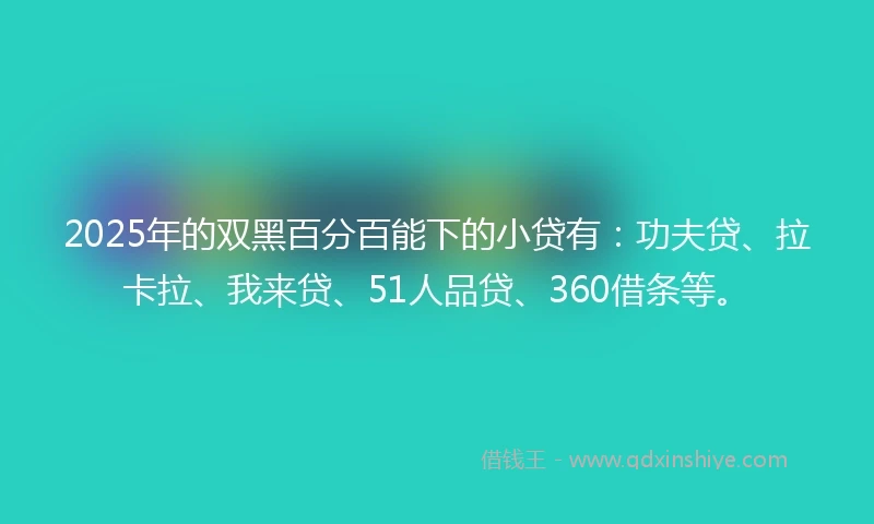 2025年的双黑百分百能下的小贷有：功夫贷、拉卡拉、我来贷、51人品贷、360借条等。
