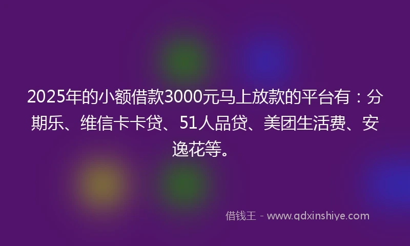 2025年的小额借款3000元马上放款的平台有：分期乐、维信卡卡贷、51人品贷、美团生活费、安逸花等。