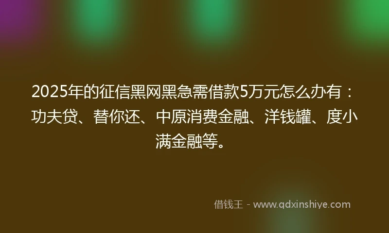 2025年的征信黑网黑急需借款5万元怎么办有：功夫贷、替你还、中原消费金融、洋钱罐、度小满金融等。