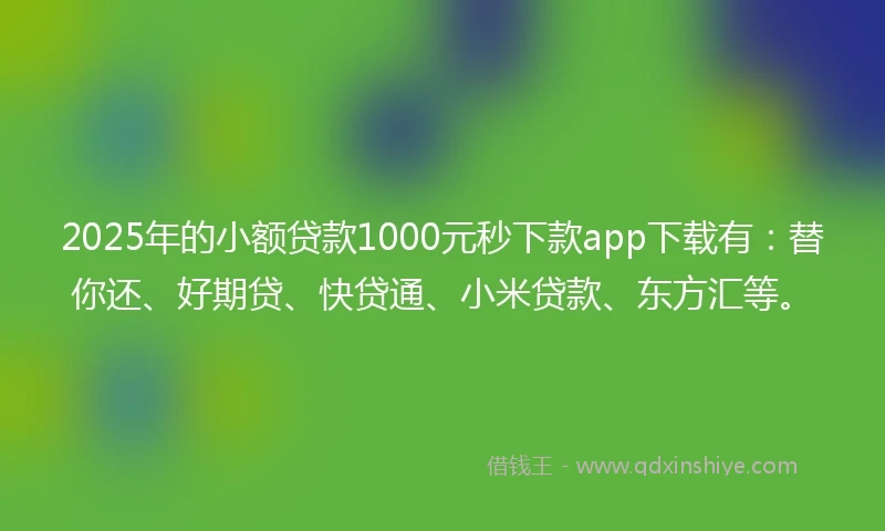 2025年的小额贷款1000元秒下款app下载有：替你还、好期贷、快贷通、小米贷款、东方汇等。