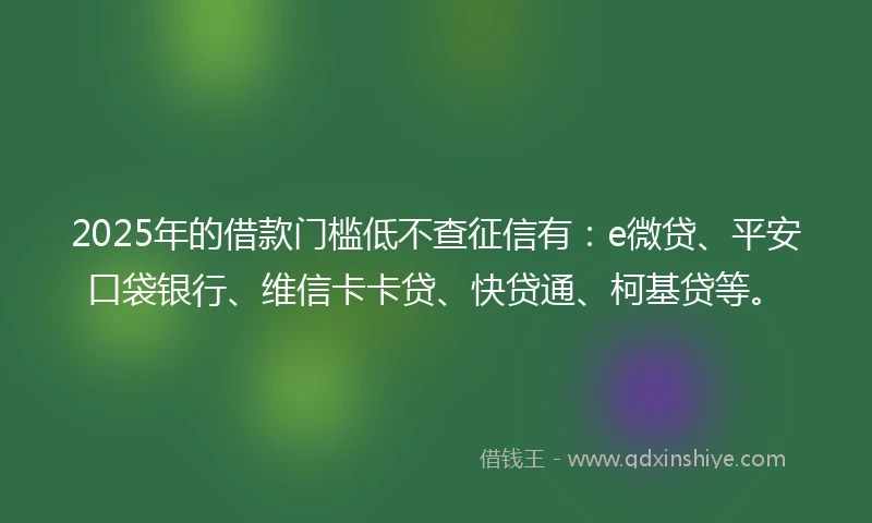 2025年的借款门槛低不查征信有：e微贷、平安口袋银行、维信卡卡贷、快贷通、柯基贷等。