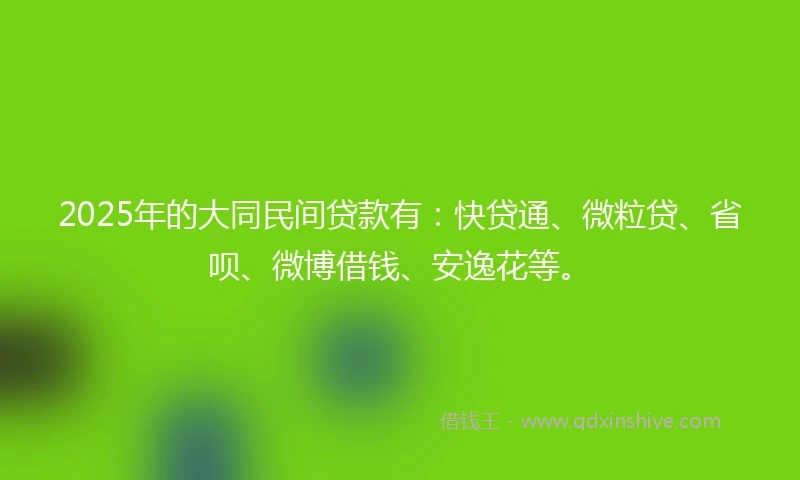 2025年的大同民间贷款有：快贷通、微粒贷、省呗、微博借钱、安逸花等。